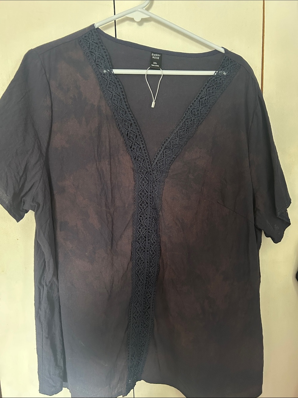 Emery Rose Black Lace-Trim V-Neck Blouse
